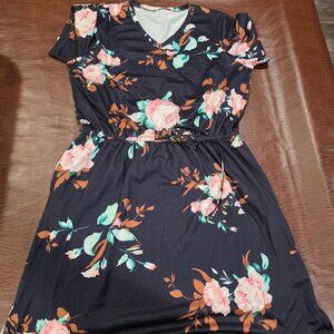 Huskary Floral Midi Dress with Pockets - Black & Pink Rose - XXL